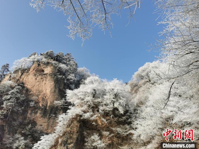 圖為藍(lán)天下霧凇籠罩山脈?！⌒煺袢A 攝